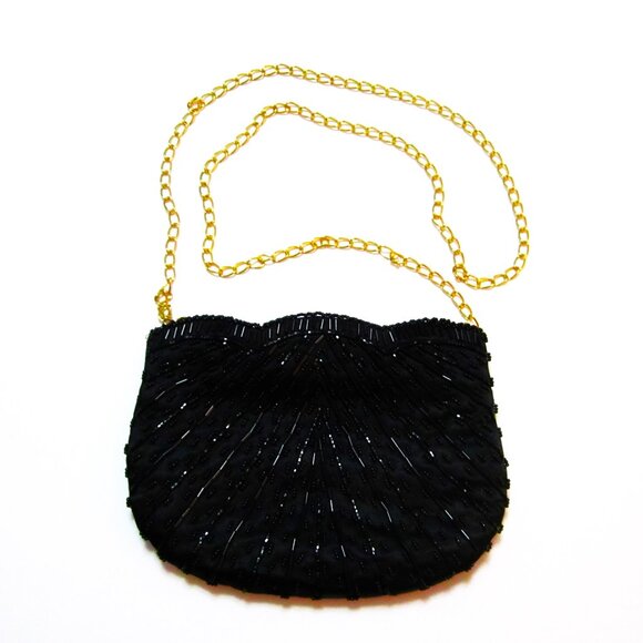 Formal Evening Bag Beaded Shoulder Clucth Black - Picture 1 of 7